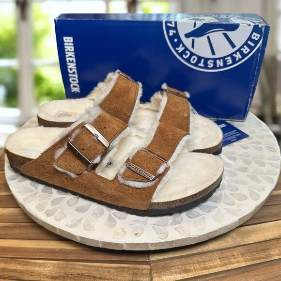 Birkenstock Arizona Shearling Mink Suede Leather Slip-On  Slides Sandals Unisex - Picture 2 of 12